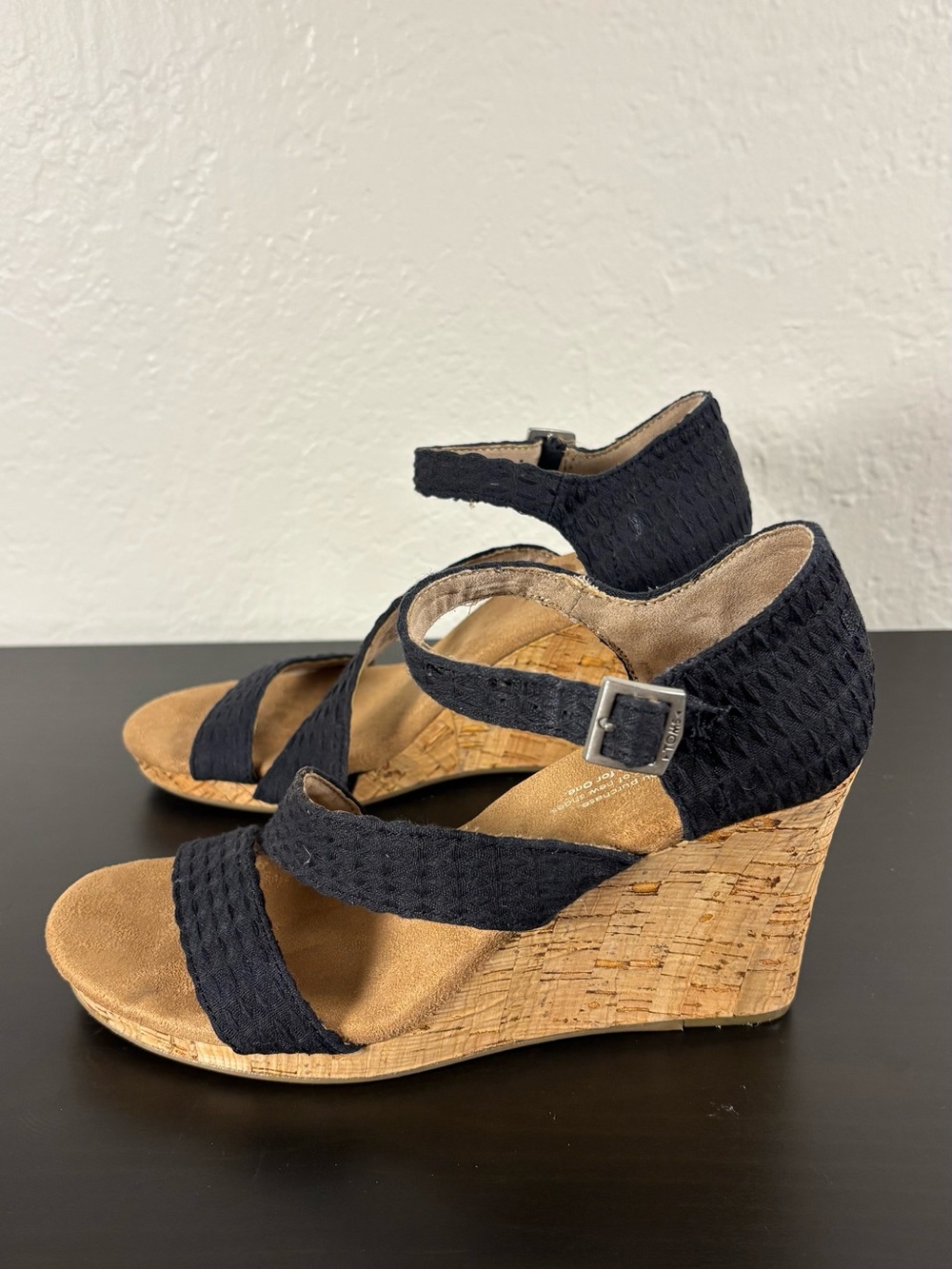 Toms Black Woven Canvas Cork Wedge Summer Spring Classy Sandals  Ankle Strap - Picture 3 of 13